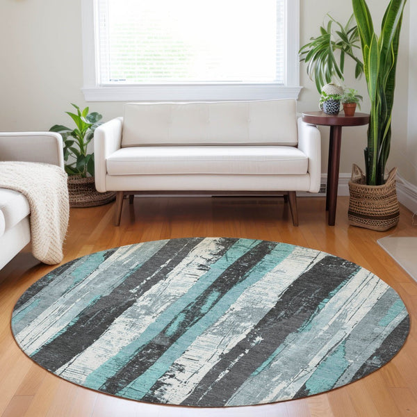 HomeRoots 5' Stylish Teal Blue and Gray Striped Washable Indoor Outdoor Area Rug for Versatile Spaces 8' Round 623499