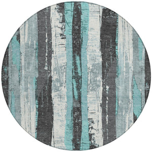 HomeRoots 5' Stylish Teal Blue and Gray Striped Washable Indoor Outdoor Area Rug for Versatile Spaces 8' Round 623499