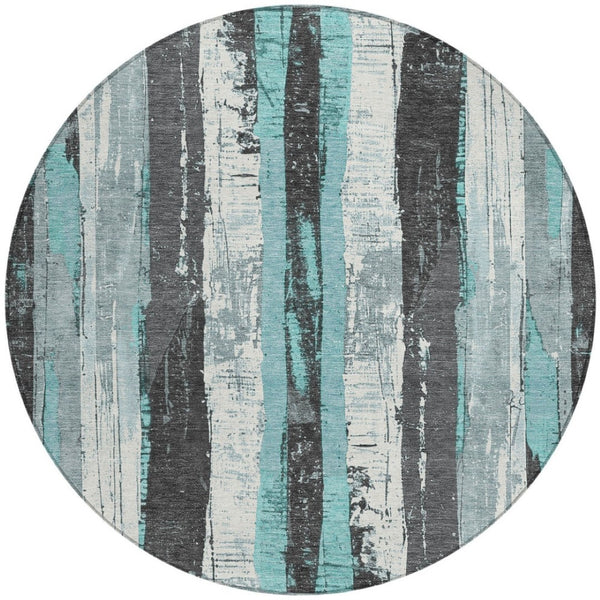 HomeRoots 5' Stylish Teal Blue and Gray Striped Washable Indoor Outdoor Area Rug for Versatile Spaces 8' Round 623499
