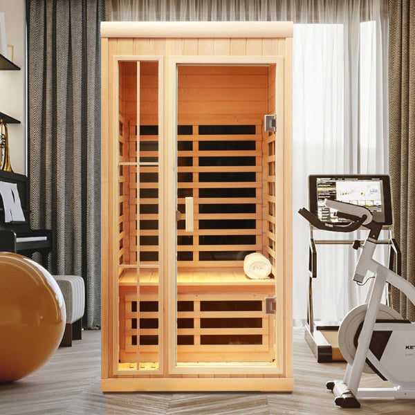 English Elm Deluxe Hemlock Far Infrared Sauna with Led Lighting Bluetooth Audio and Glass Door W632S00009