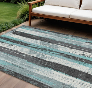 HomeRoots 5' Stylish Teal Blue and Gray Striped Washable Indoor Outdoor Area Rug for Versatile Spaces 8' X 10' 623500