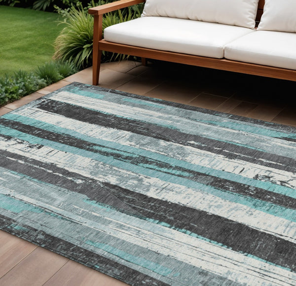 HomeRoots 5' Stylish Teal Blue and Gray Striped Washable Indoor Outdoor Area Rug for Versatile Spaces 10' X 14' 623502