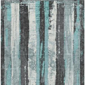 HomeRoots 5' Stylish Teal Blue and Gray Striped Washable Indoor Outdoor Area Rug for Versatile Spaces 10' X 14' 623502
