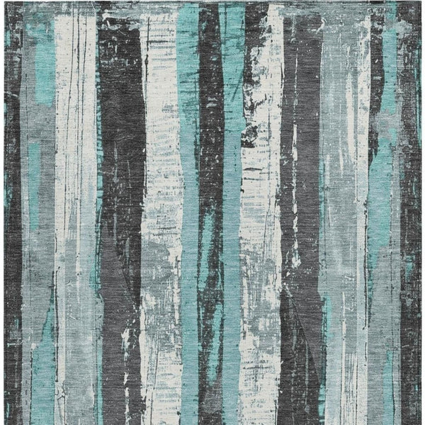 HomeRoots 5' Stylish Teal Blue and Gray Striped Washable Indoor Outdoor Area Rug for Versatile Spaces 10' X 14' 623502