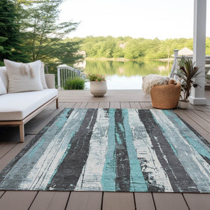 HomeRoots 5' Stylish Teal Blue and Gray Striped Washable Indoor Outdoor Area Rug for Versatile Spaces 10' X 14' 623502