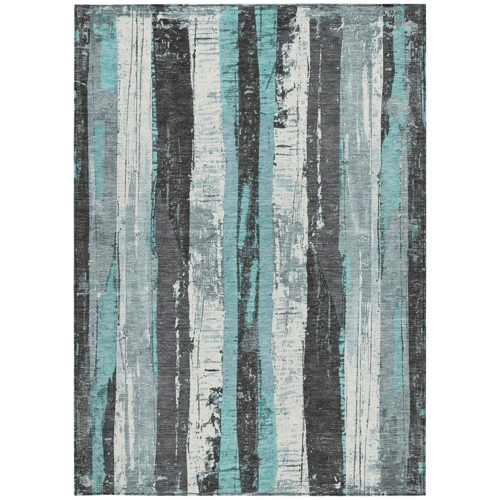 HomeRoots 5' Stylish Teal Blue and Gray Striped Washable Indoor Outdoor Area Rug for Versatile Spaces 10' X 14' 623502