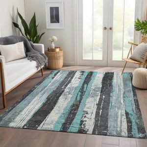 HomeRoots 5' Stylish Teal Blue and Gray Striped Washable Indoor Outdoor Area Rug for Versatile Spaces 10' X 14' 623502