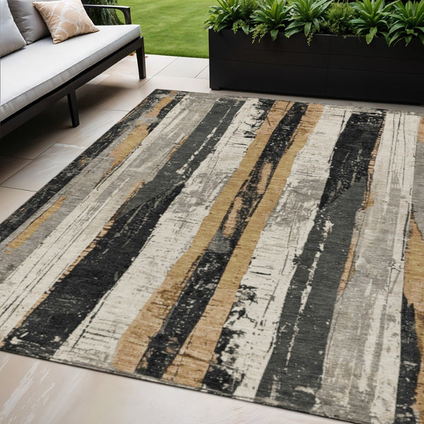 HomeRoots 5' Stylish Taupe and Gold Striped Washable Area Rug for Indoor and Outdoor High-Traffic Spaces 5' X 8' 623504