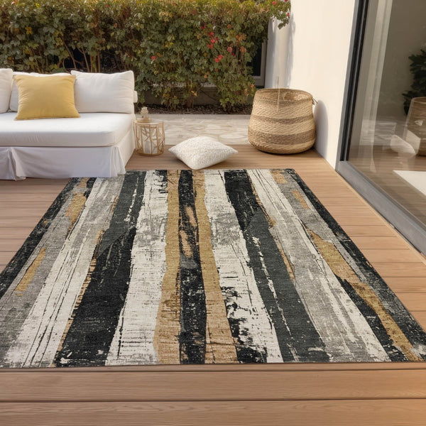HomeRoots 5' Stylish Taupe and Gold Striped Washable Area Rug for Indoor and Outdoor High-Traffic Spaces 5' X 8' 623504