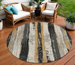 HomeRoots 5' Stylish Taupe and Gold Striped Washable Area Rug for Indoor and Outdoor High-Traffic Spaces 8' Round 623505