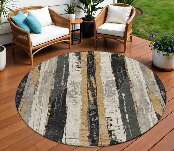 HomeRoots 5' Stylish Taupe and Gold Striped Washable Area Rug for Indoor and Outdoor High-Traffic Spaces 8' Round 623505