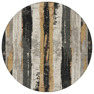 HomeRoots 5' Stylish Taupe and Gold Striped Washable Area Rug for Indoor and Outdoor High-Traffic Spaces 8' Round 623505