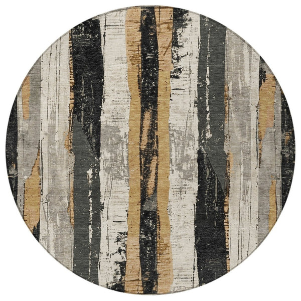 HomeRoots 5' Stylish Taupe and Gold Striped Washable Area Rug for Indoor and Outdoor High-Traffic Spaces 8' Round 623505