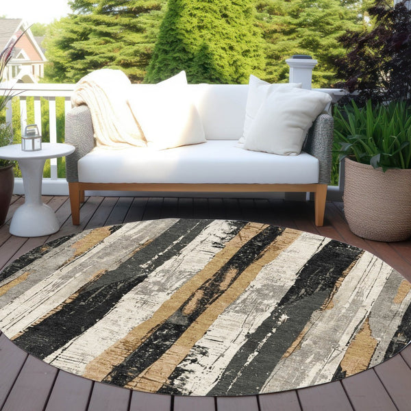 HomeRoots 5' Stylish Taupe and Gold Striped Washable Area Rug for Indoor and Outdoor High-Traffic Spaces 8' Round 623505