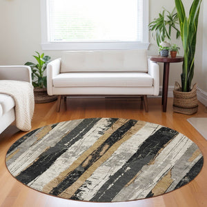 HomeRoots 5' Stylish Taupe and Gold Striped Washable Area Rug for Indoor and Outdoor High-Traffic Spaces 8' Round 623505
