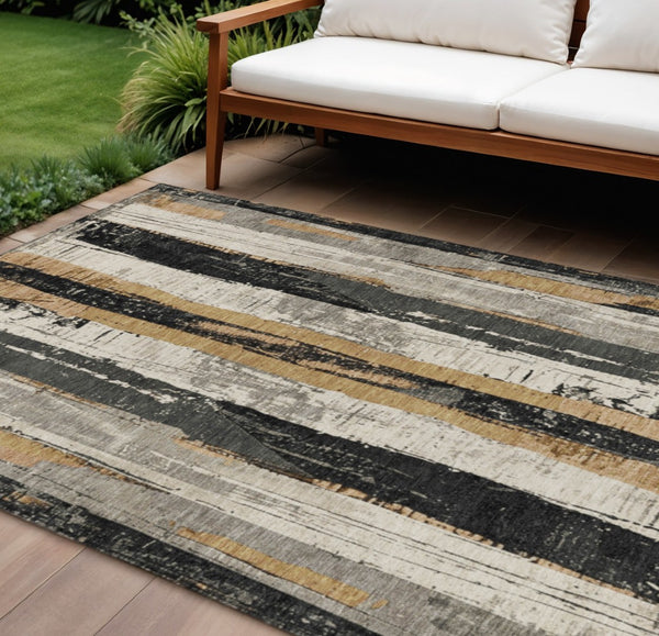 HomeRoots 5' Stylish Taupe and Gold Striped Washable Area Rug for Indoor and Outdoor High-Traffic Spaces 8' X 10' 623506