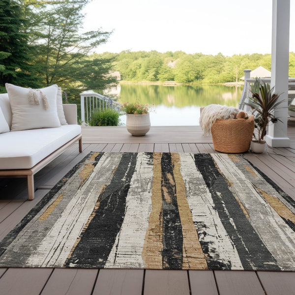 HomeRoots 5' Stylish Taupe and Gold Striped Washable Area Rug for Indoor and Outdoor High-Traffic Spaces 10' X 14' 623508