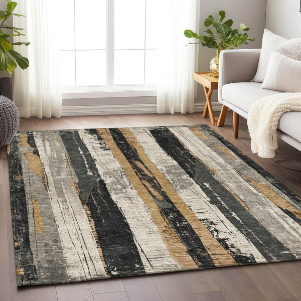 HomeRoots 5' Stylish Taupe and Gold Striped Washable Area Rug for Indoor and Outdoor High-Traffic Spaces 10' X 14' 623508