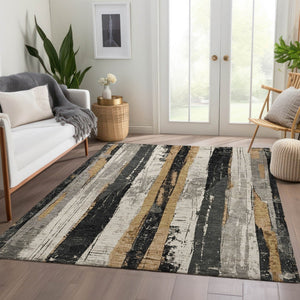 HomeRoots 5' Stylish Taupe and Gold Striped Washable Area Rug for Indoor and Outdoor High-Traffic Spaces 10' X 14' 623508