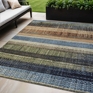 HomeRoots 5' Blue and Brown Striped Washable Area Rug for Indoor and Outdoor Durability and Style 5' X 8' 623516
