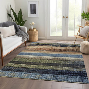 HomeRoots 5' Blue and Brown Striped Washable Area Rug for Indoor and Outdoor Durability and Style 5' X 8' 623516