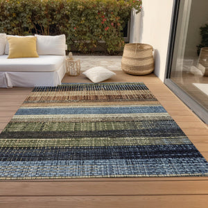 HomeRoots 5' Blue and Brown Striped Washable Area Rug for Indoor and Outdoor Durability and Style 5' X 8' 623516