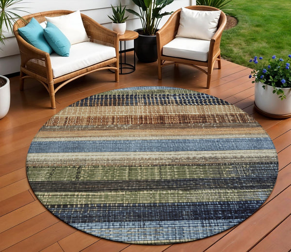 HomeRoots 5' Blue and Brown Striped Washable Area Rug for Indoor and Outdoor Durability and Style 8' Round 623517