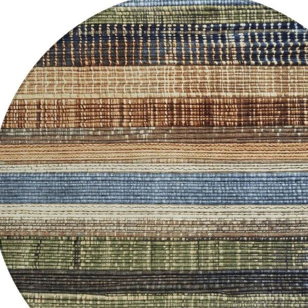 HomeRoots 5' Blue and Brown Striped Washable Area Rug for Indoor and Outdoor Durability and Style 8' Round 623517