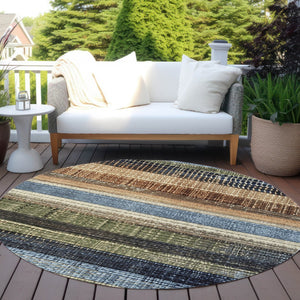 HomeRoots 5' Blue and Brown Striped Washable Area Rug for Indoor and Outdoor Durability and Style 8' Round 623517