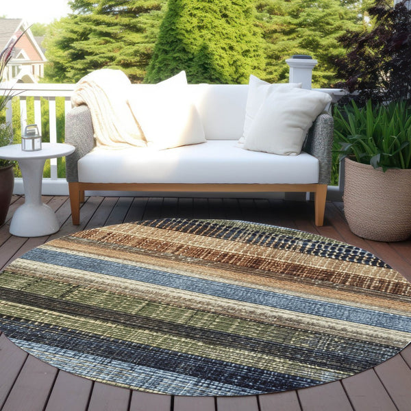 HomeRoots 5' Blue and Brown Striped Washable Area Rug for Indoor and Outdoor Durability and Style 8' Round 623517