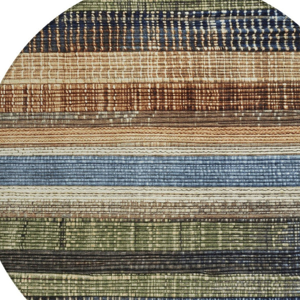 HomeRoots 5' Blue and Brown Striped Washable Area Rug for Indoor and Outdoor Durability and Style 8' Round 623517