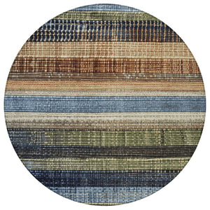 HomeRoots 5' Blue and Brown Striped Washable Area Rug for Indoor and Outdoor Durability and Style 8' Round 623517