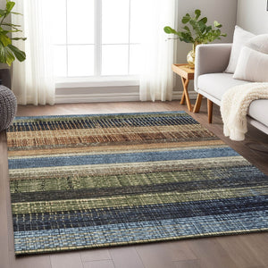 HomeRoots 5' Blue and Brown Striped Washable Area Rug for Indoor and Outdoor Durability and Style 8' X 10' 623518