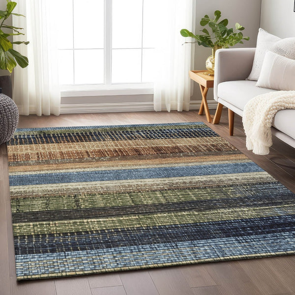 HomeRoots 5' Blue and Brown Striped Washable Area Rug for Indoor and Outdoor Durability and Style 8' X 10' 623518