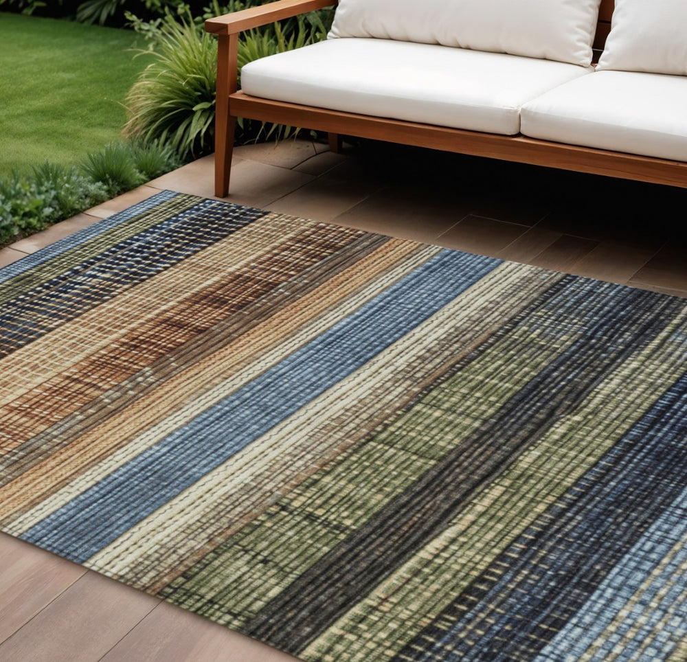 HomeRoots 5' Blue and Brown Striped Washable Area Rug for Indoor and Outdoor Durability and Style 9' X 12' 623519