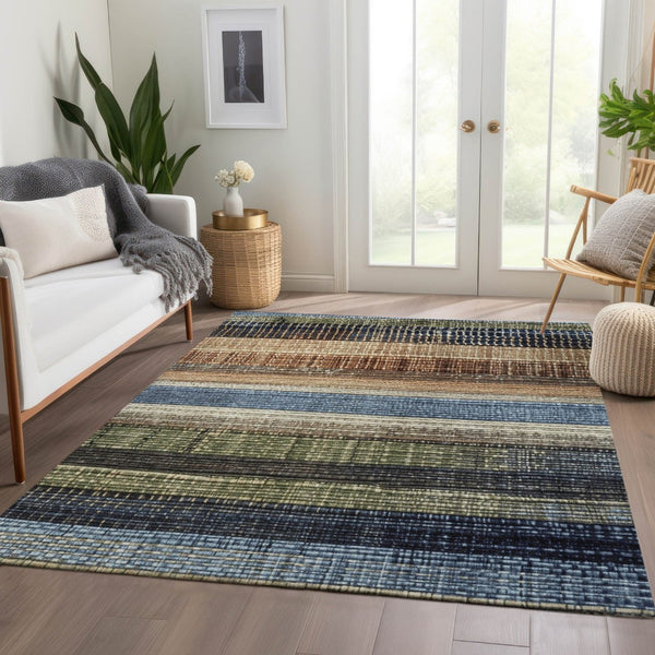HomeRoots 5' Blue and Brown Striped Washable Area Rug for Indoor and Outdoor Durability and Style 10' X 14' 623520