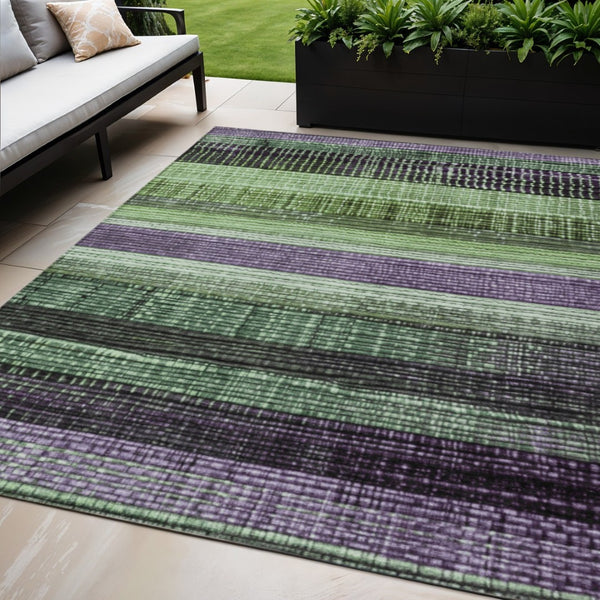 HomeRoots 5' Striped Purple and Green Area Rug for Indoor and Outdoor Use – Durable, Washable, Versatile Design 5' X 8' 623522