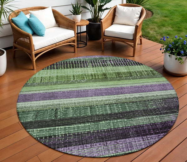 HomeRoots 5' Striped Purple and Green Area Rug for Indoor and Outdoor Use – Durable, Washable, Versatile Design 8' Round 623523