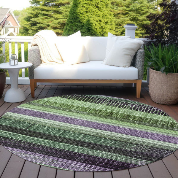 HomeRoots 5' Striped Purple and Green Area Rug for Indoor and Outdoor Use – Durable, Washable, Versatile Design 8' Round 623523