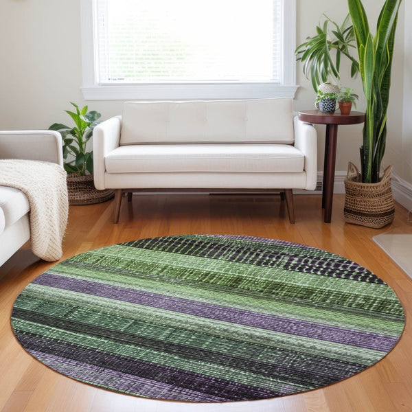 HomeRoots 5' Striped Purple and Green Area Rug for Indoor and Outdoor Use – Durable, Washable, Versatile Design 8' Round 623523