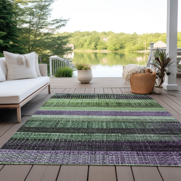 HomeRoots 5' Striped Purple and Green Area Rug for Indoor and Outdoor Use – Durable, Washable, Versatile Design 8' X 10' 623524