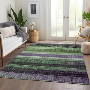 HomeRoots 5' Striped Purple and Green Area Rug for Indoor and Outdoor Use – Durable, Washable, Versatile Design 9' X 12' 623525