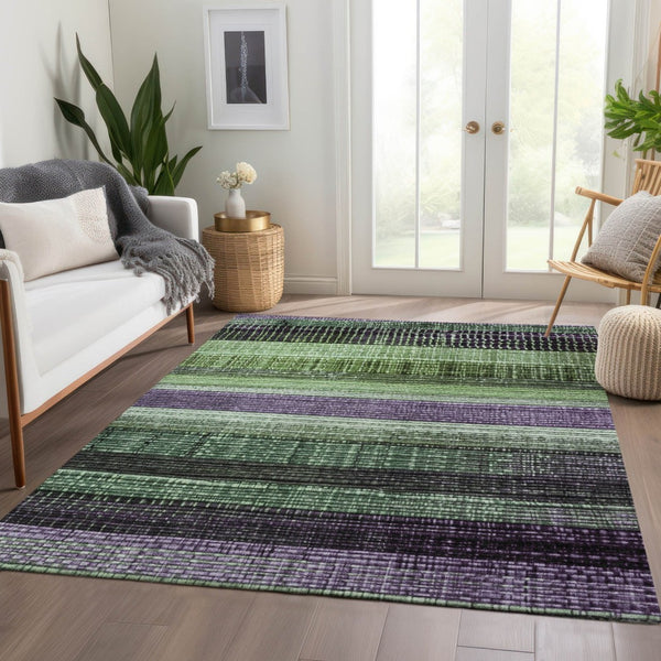 HomeRoots 5' Striped Purple and Green Area Rug for Indoor and Outdoor Use – Durable, Washable, Versatile Design 9' X 12' 623525