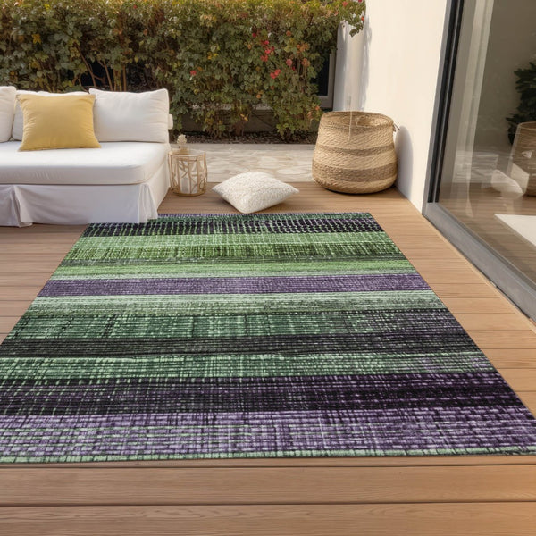 HomeRoots 5' Striped Purple and Green Area Rug for Indoor and Outdoor Use – Durable, Washable, Versatile Design 9' X 12' 623525
