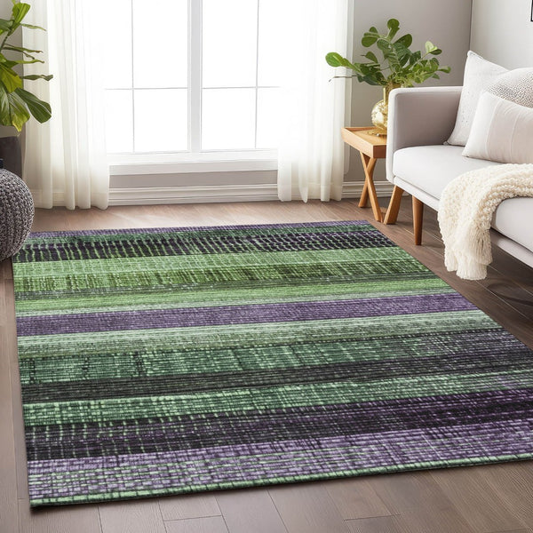 HomeRoots 5' Striped Purple and Green Area Rug for Indoor and Outdoor Use – Durable, Washable, Versatile Design 10' X 14' 623526