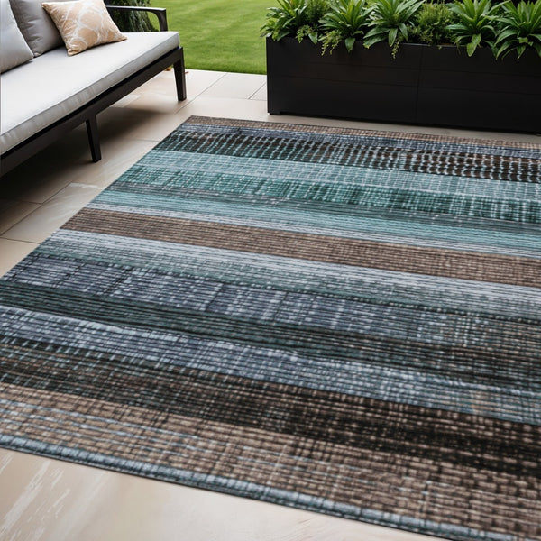 HomeRoots 5' Durable Teal Blue and Brown Striped Area Rug - Washable, Stylish Design for Indoor and Outdoor Use 5' X 8' 623528