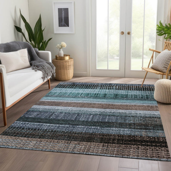 HomeRoots 5' Durable Teal Blue and Brown Striped Area Rug - Washable, Stylish Design for Indoor and Outdoor Use 5' X 8' 623528