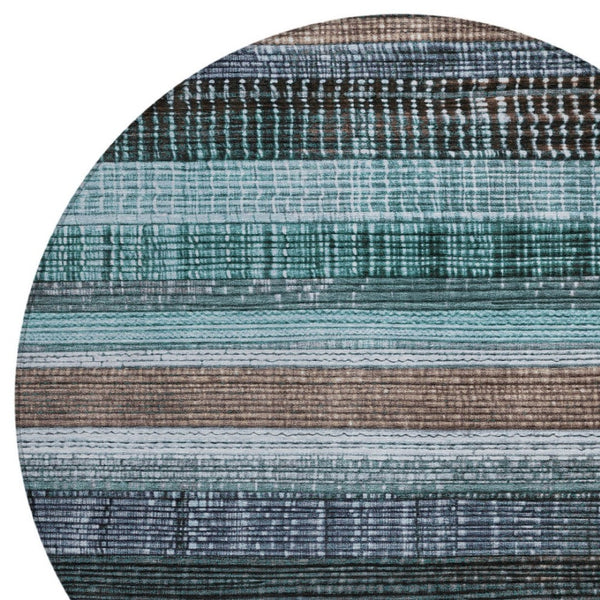 HomeRoots 5' Durable Teal Blue and Brown Striped Area Rug - Washable, Stylish Design for Indoor and Outdoor Use 8' Round 623529