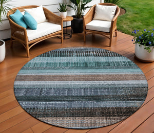 HomeRoots 5' Durable Teal Blue and Brown Striped Area Rug - Washable, Stylish Design for Indoor and Outdoor Use 8' Round 623529