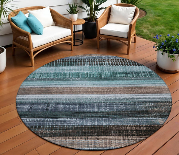 HomeRoots 5' Durable Teal Blue and Brown Striped Area Rug - Washable, Stylish Design for Indoor and Outdoor Use 8' Round 623529